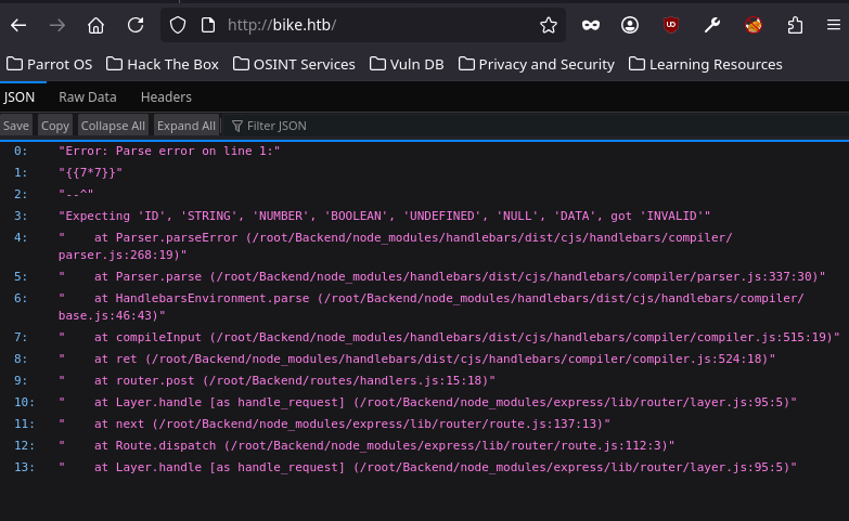 Erreur révélant Handlebars