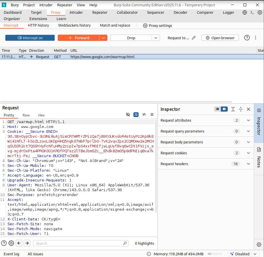 BurpSuite intercept activé
